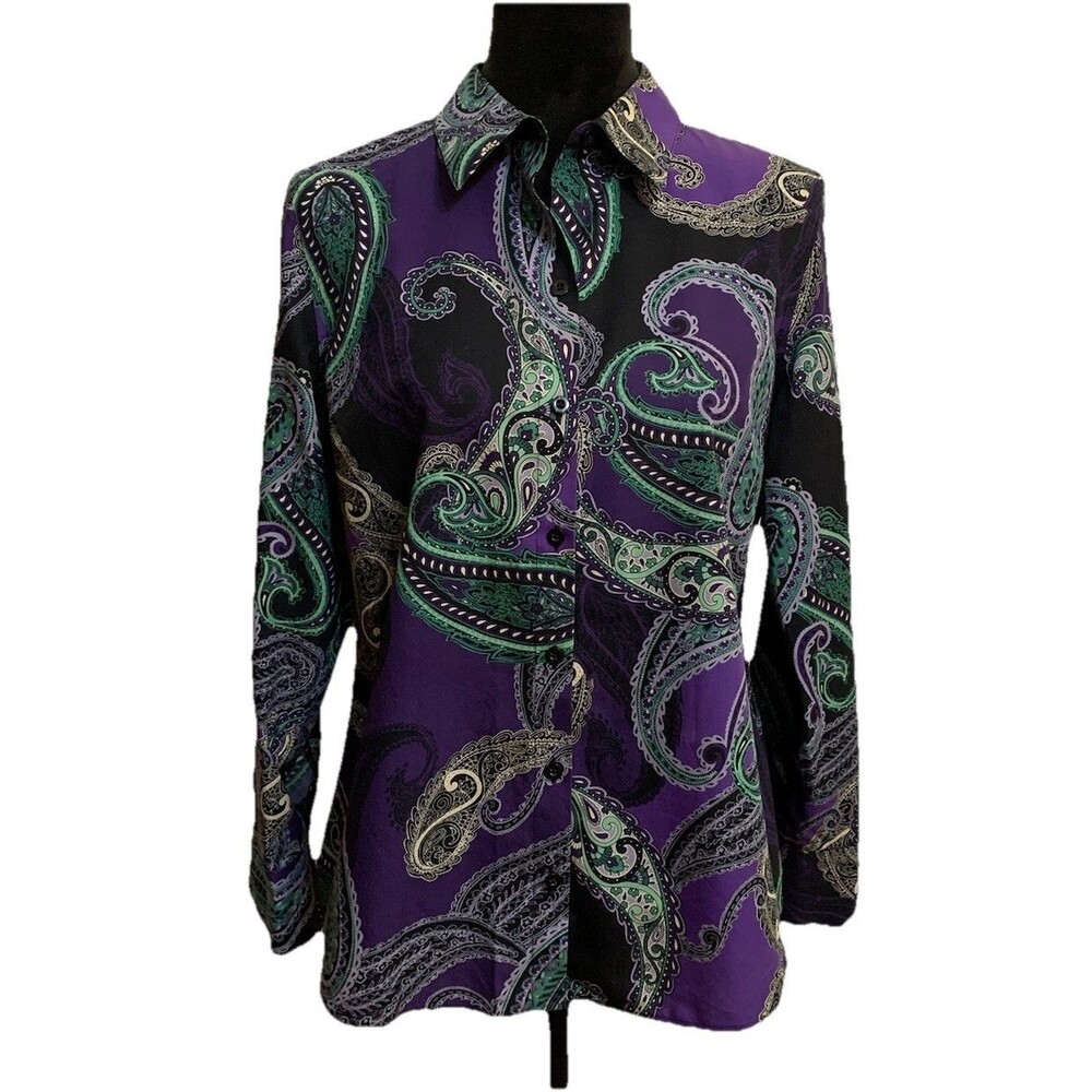 Chicos Size 1 Womens Medium Top No Iron Paisley Button Front Purple Office
